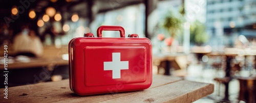 Wallpaper Mural First aid kit with red exterior and white cross logo on a wooden table in an office setting Torontodigital.ca