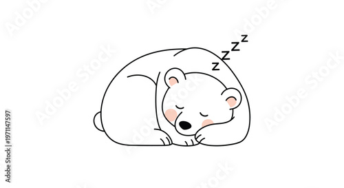 Small white polar bear cub sleeps peacefully curled up in a ball with cute pink cheeks and black sleep symbols.