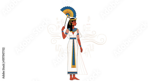 Elegant ancient Egyptian queen or priestess wearing traditional white dress and gold jewelry holding a blue fan.