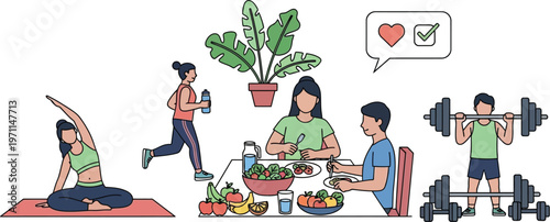 Diverse people engage in healthy lifestyle activities like yoga.