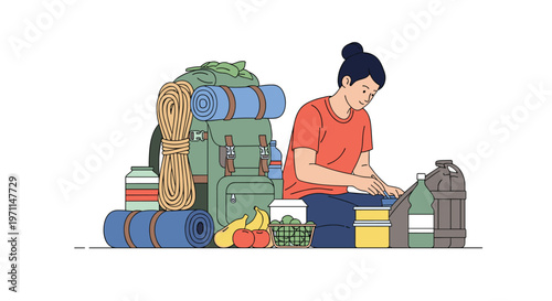 Young woman carefully packing a green hiking backpack with camping gear, food, and supplies for an adventure.