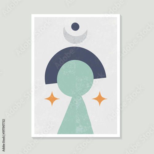 Minimalistic geometric shapes, sun, moon, and abstract elements in a modern style are suitable for the interior.
