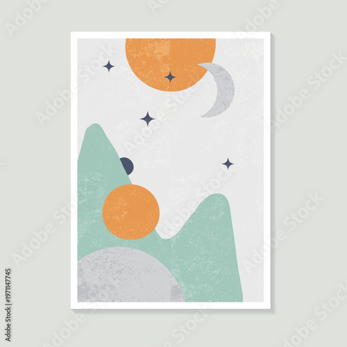 Minimalistic geometric shapes, sun, moon, and abstract elements in a modern style are suitable for the interior.
