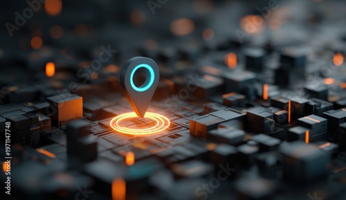 Wallpaper Mural Futuristic 3d illustration of a glowing blue location pin hovering above a digital map surface with vibrant orange highlights Torontodigital.ca