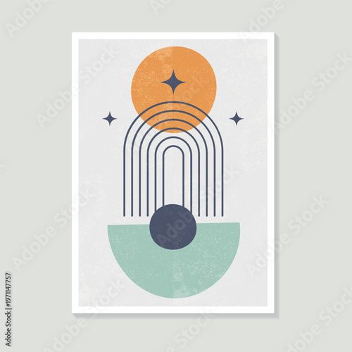 Minimalistic geometric shapes, sun, moon, and abstract elements in a modern style are suitable for the interior.
