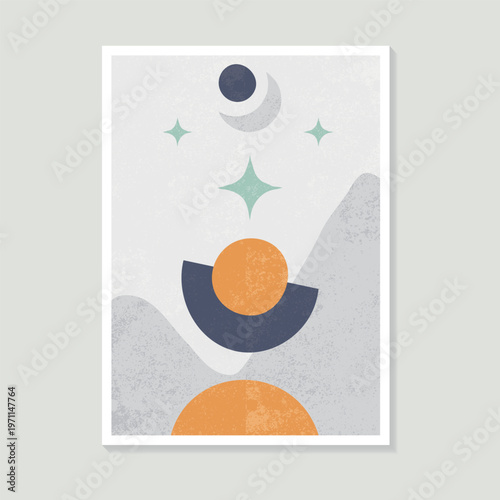 Minimalistic geometric shapes, sun, moon, and abstract elements in a modern style are suitable for the interior.
