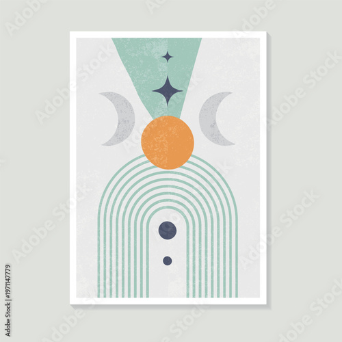 Minimalistic geometric shapes, sun, moon, and abstract elements in a modern style are suitable for the interior.
