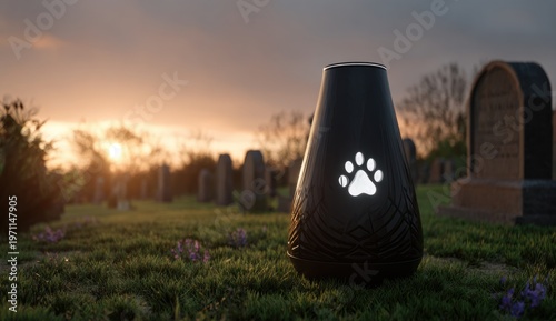 Wallpaper Mural Futuristic black vase with a sleek, textured surface featuring a prominent white paw print design, set outdoors during sunset Torontodigital.ca