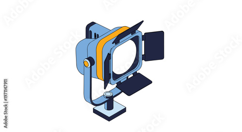 Professional blue stage spotlight used for theater, movie sets, or photography studio lighting in a clear isometric view.