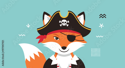 Cute cartoon fox character dressed as a brave pirate with a hat, eye patch, and bandana against a light blue background.