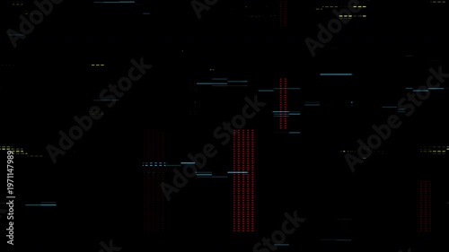 Abstract digital glitch overlay texture with scattered red vertical bands and blue horizontal artifacts on a black background.