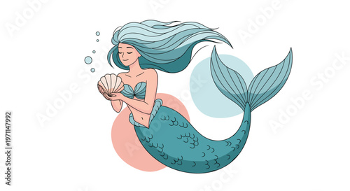 Beautiful mermaid with long blue hair and tail holding a seashell while floating in the deep ocean water with bubbles.