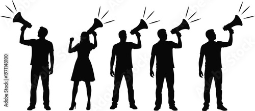 Black silhouettes of a diverse group of people holding megaphones and shouting for protest, social activism, marketing promotion, announcement, and public speaking concepts.