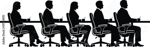 Black silhouettes of business people sitting at a long boardroom table during a corporate meeting, workshop, or seminar for professional teamwork and leadership concepts.