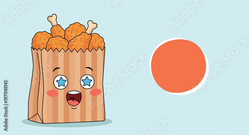 Funny and cute cartoon fried chicken in a striped paper bag character with blue star eyes and a wide happy smile.