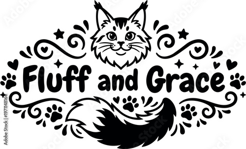 Black and white cat face and tail with fluff and grace text vector art