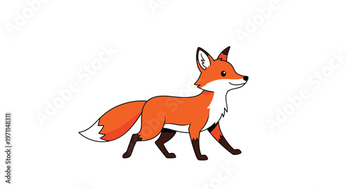 Graceful cartoon fox with a bushy white-tipped tail walking forward with a happy expression and bright orange fur.