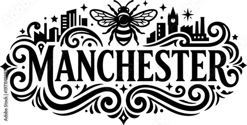 Black and white ornamental manchester city skyline with bee vector art
