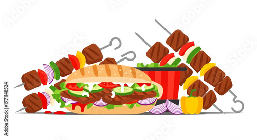 Middle Eastern Halal Food Vector Illustration with Beef Kebab Sandwich and Grilled Meat Skewers