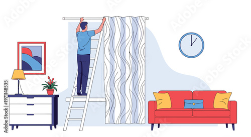 Man standing on a high ladder while hanging new curtains in a living room as part of a home renovation project.