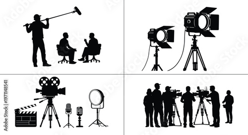 Professional Film Production Silhouette Set Featuring Cinema Camera Gear, Lighting Equipment, Sound Recording Boom Mic, Crew Members, and Interview Scene for Movie Industry Media