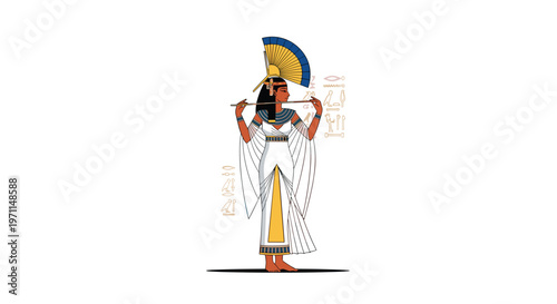 Elegant ancient egyptian queen or goddess dressed in white garment and traditional headdress stands against a plain background.