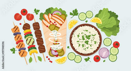 Middle Eastern Halal Food Vector Illustration with Kebab, Shawarma, and Basmati Rice