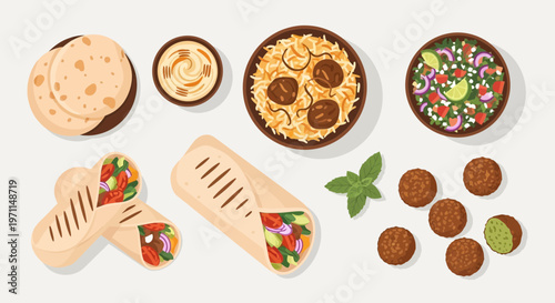 Arabic Halal Food Set Vector with Shawarma Wrap Biryani Rice Hummus and Falafel