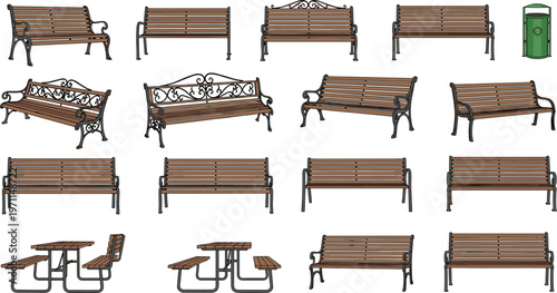 Set of wooden park bench illustrations and outdoor furniture icons including picnic tables and trash bin for city garden, public space, and urban landscape design.