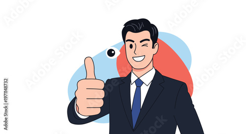 Confident professional businessman in a navy suit and tie winking and giving a cheerful thumbs up gesture for success and approval.