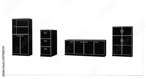 A set of black cabinets and drawers against a white background