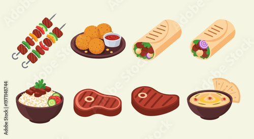 Modern Halal Food Vector Set: Middle Eastern Cuisine Icons Including Kebab, Shawarma, Falafel, Hummus, and Grilled Meat.