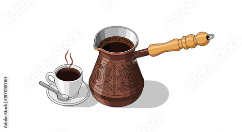 Traditional copper coffee pot and a small white cup of dark espresso with rising steam on a white background in isometric style.