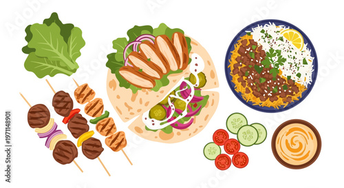 Middle Eastern Food Vector Set: Grilled Kebab Skewers, Chicken Shawarma Pita, Rice Bowl with Minced Meat, and Fresh Vegetables.
