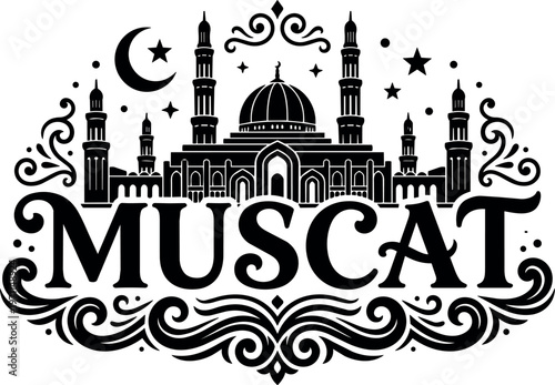 Black and white vector art mosque silhouette with muscat lettering and crescent moon