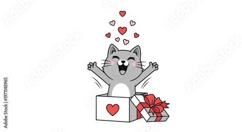 Playful grey kitten character happily popping out of a wrapped gift box with pink and red hearts floating above its head in joy.