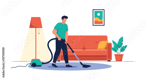 Diligent man using a modern vacuum cleaner to tidy up the rug in a cozy living room with a sofa and indoor plants for cleaning.