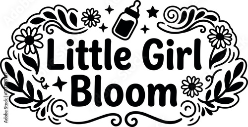 Little girl bloom floral frame with baby bottle vector art black and white