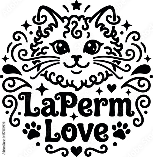 Black and white line art laperm love cat face with curls and stars
