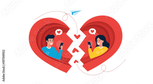 Romantic couple using smartphones to stay connected while positioned inside two halves of a broken red heart for online dating.