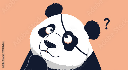 Close up portrait of a confused giant panda looking upwards with a large question mark icon against a warm orange background.
