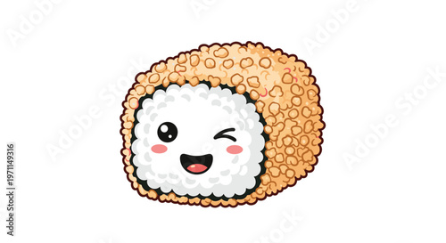 Adorable sushi roll character with a happy winking face and toasted sesame seeds for a fun and cute japanese cuisine concept.