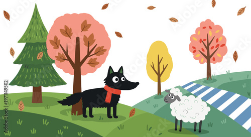 Wolf and Sheep in Autumn Forest Landscape with Falling Leaves Nature Scene Cute Animal Flat Vector Illustration Set