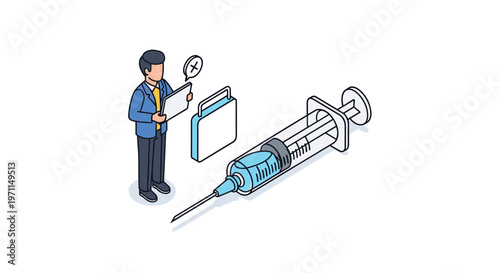 Isometric medical professional checking patient records on a clipboard next to a large syringe and medical first aid kit.