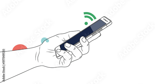 Close up of a hand holding a modern smartphone with wireless internet connection icons representing digital connectivity.