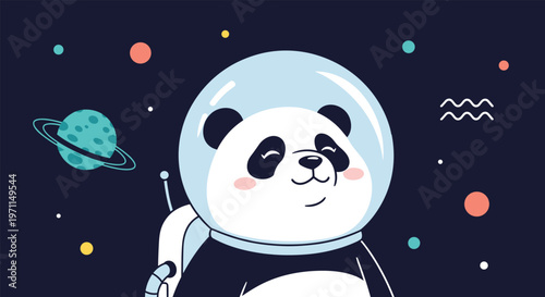 Adorable panda character wearing an astronaut suit and helmet floating in outer space among stars and distant planets.