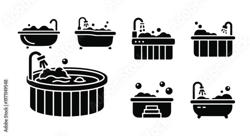Set of 7 Black Bathtub and Hot Tub Vector Icons with Bubbles