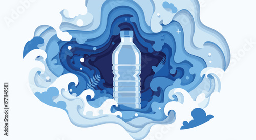 Transparent plastic water bottle is centered within a multi layered blue paper cut style wave background design.