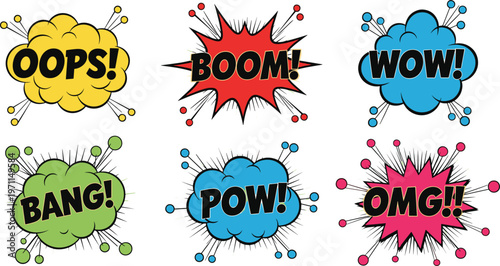 Colorful comic speech bubbles set with oops boom wow bang pow and omg expressive pop art vector elements