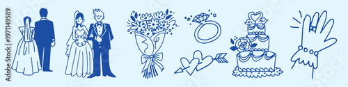 Elegant wedding icons in blue vector element set